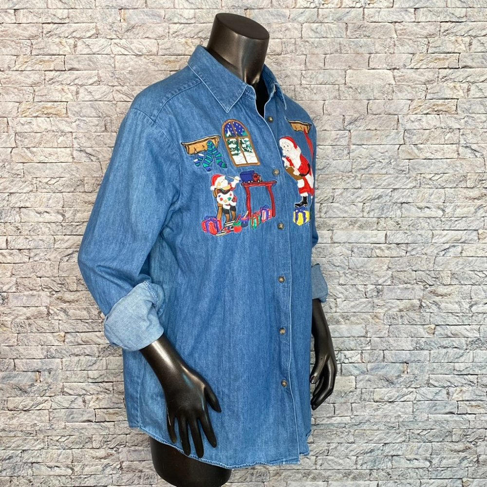 Karen Scott Denim Christmas Shirt Size Large Holiday Embroidery Button Down - Picture 4 of 8